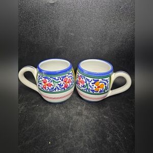 Floral Ceramic Mugs with Blue Trim‎